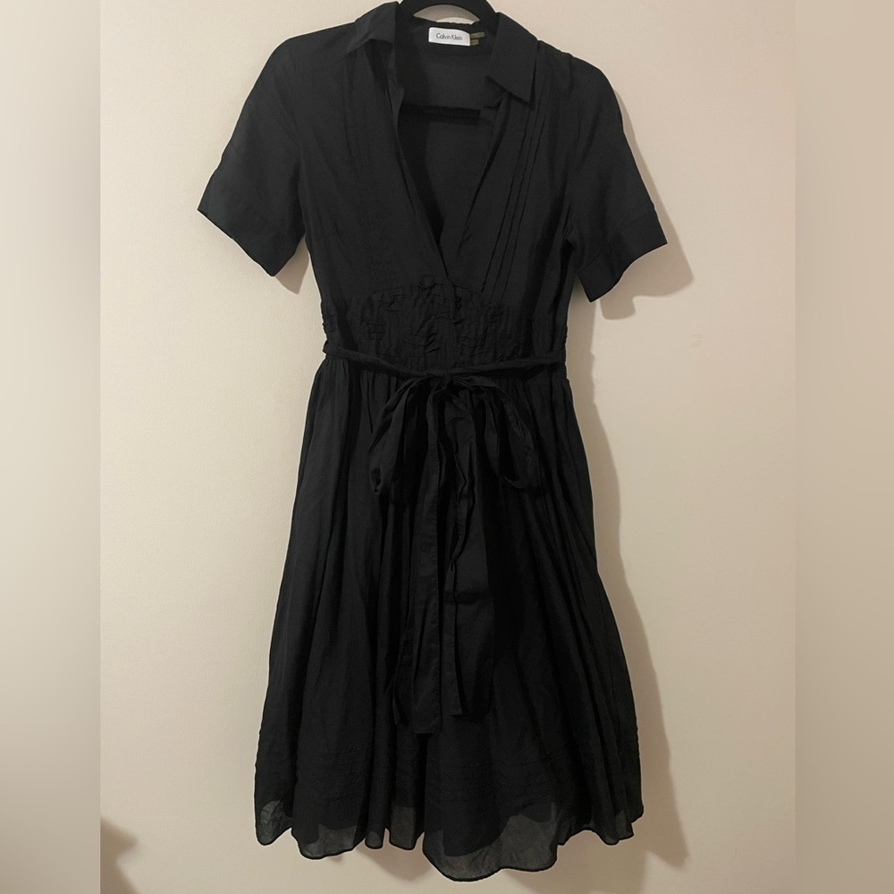 Calvin Klein Black Pintuck Pleated Flowy Collared Dress Size 4